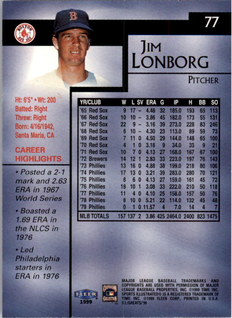 1999 Sports Illustrated Greats of the Game #77 Jim Lonborg back image