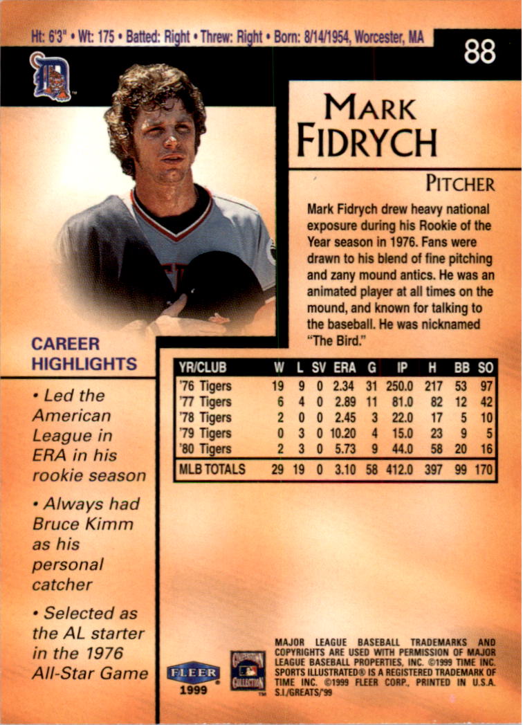 1999 Sports Illustrated Greats of the Game #88 Mark Fidrych back image