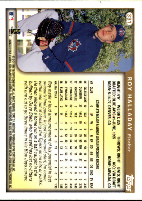 1999 Topps #331 Roy Halladay back image