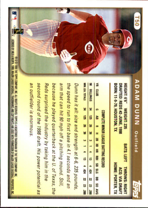 1999 Topps Traded #T50 Adam Dunn RC back image