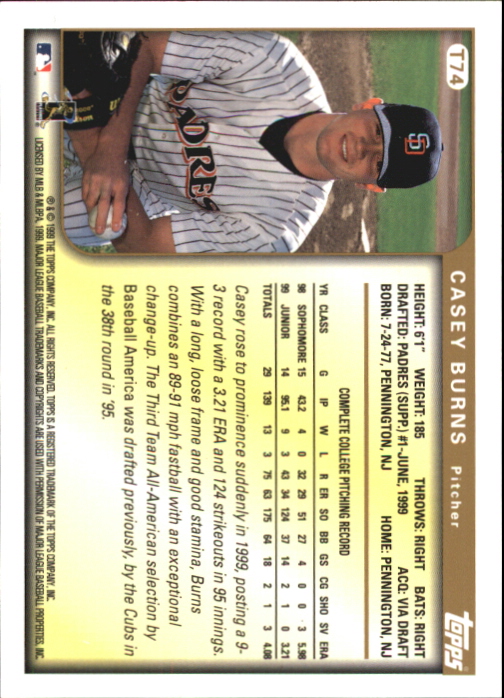 1999 Topps Traded Autographs #T74 Casey Burns back image