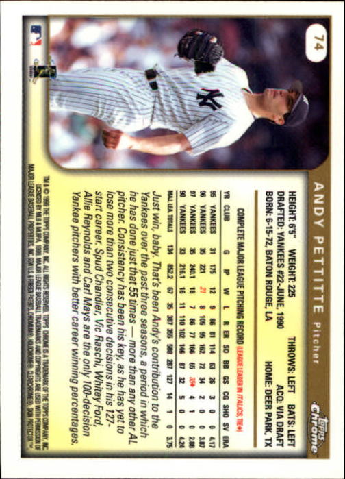 1999 Topps Chrome #74 Andy Pettitte back image