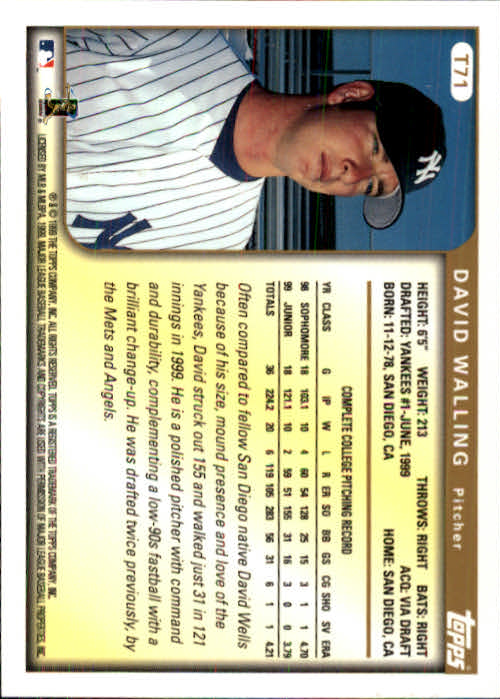 1999 Topps Chrome Traded #T71 David Walling RC back image