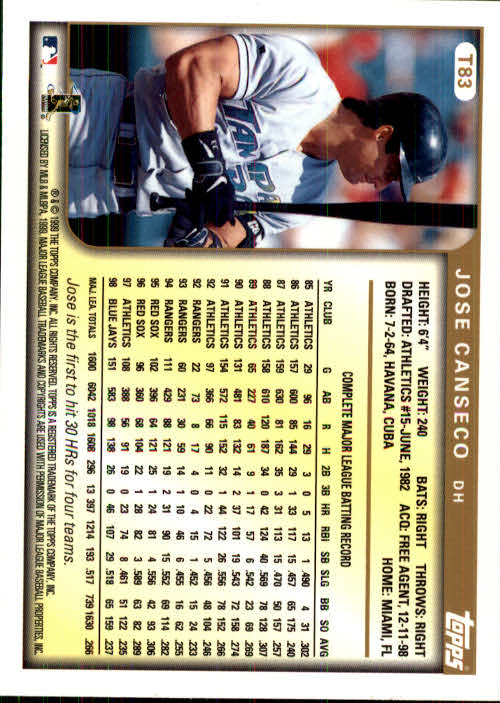 1999 Topps Chrome Traded #T83 Jose Canseco back image