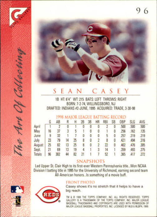 1999 Topps Gallery #96 Sean Casey back image