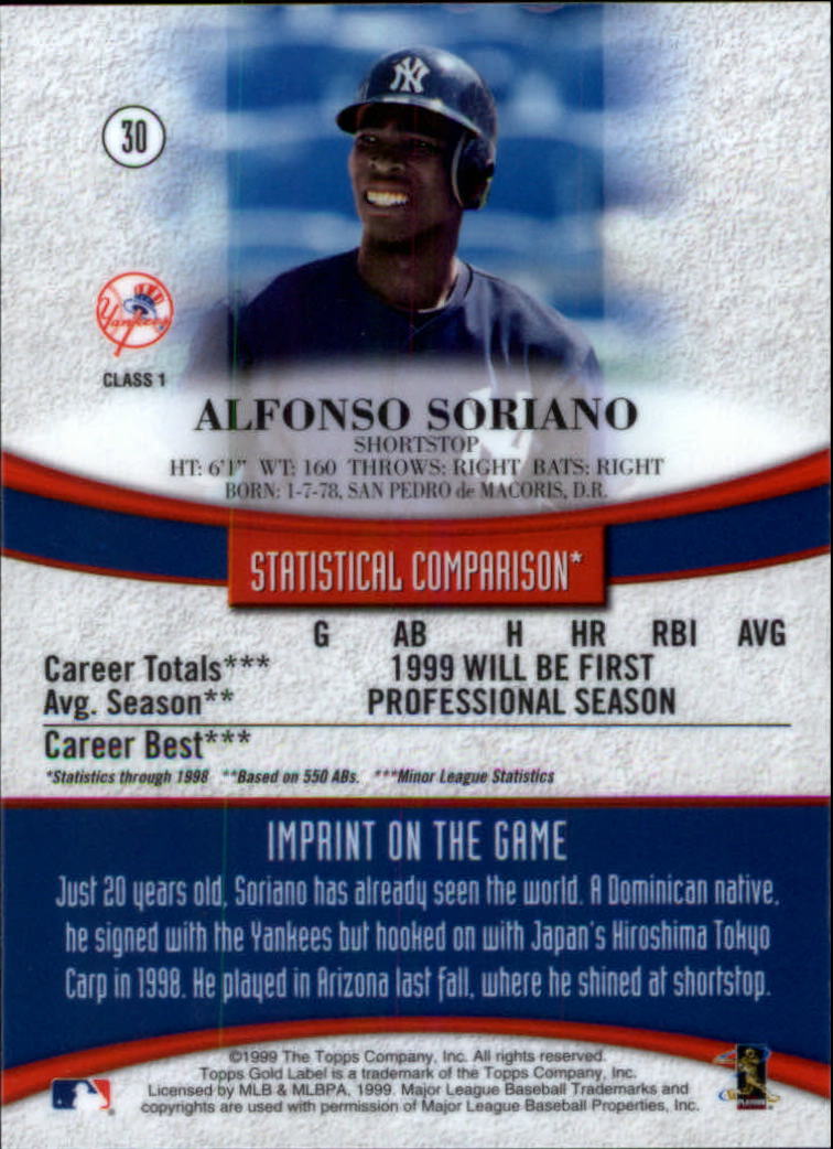 1999 Topps Gold Label Class 1 #30 Alfonso Soriano RC back image