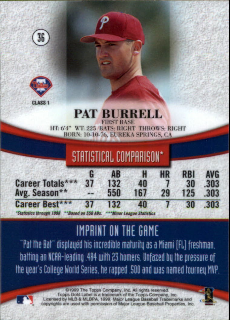 1999 Topps Gold Label Class 1 #36 Pat Burrell RC back image