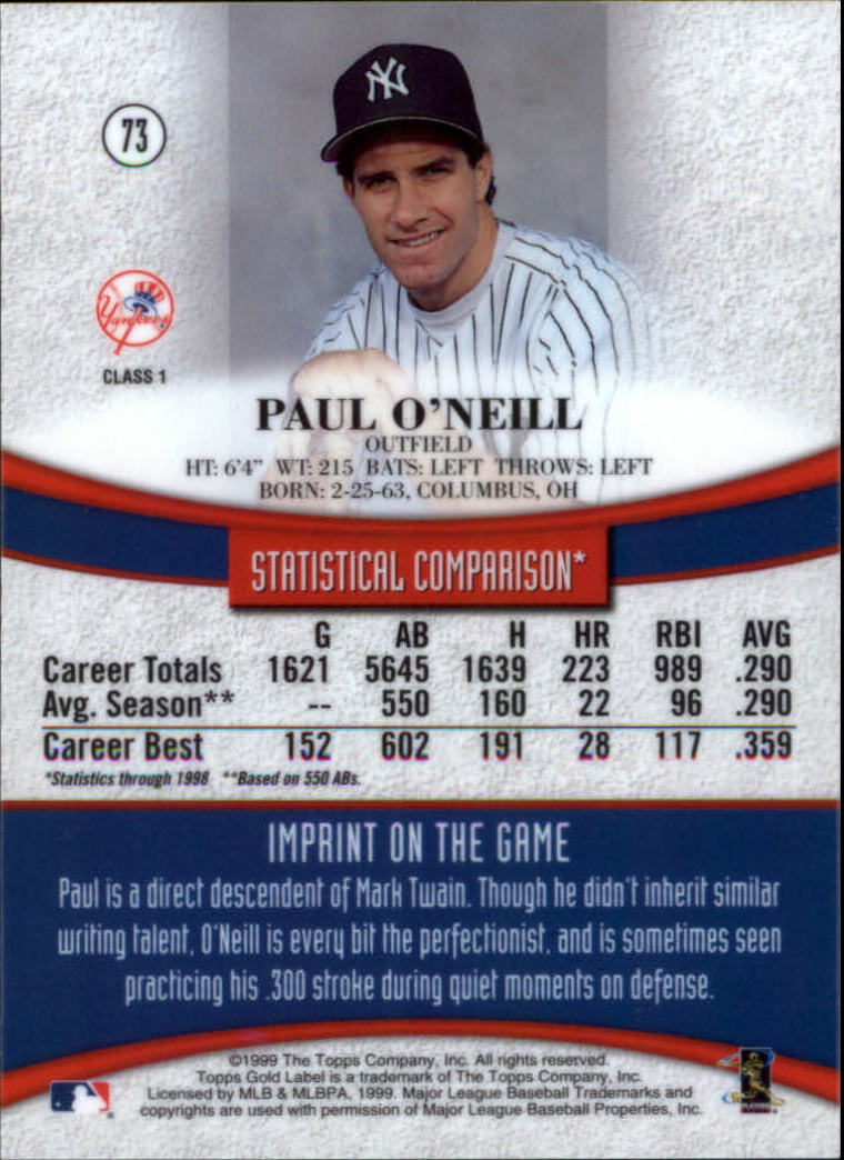1999 Topps Gold Label Class 1 #73 Paul O'Neill back image