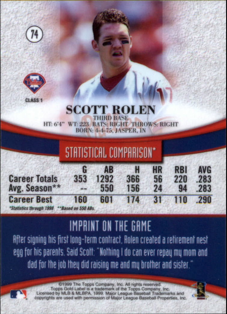 1999 Topps Gold Label Class 1 #74 Scott Rolen back image