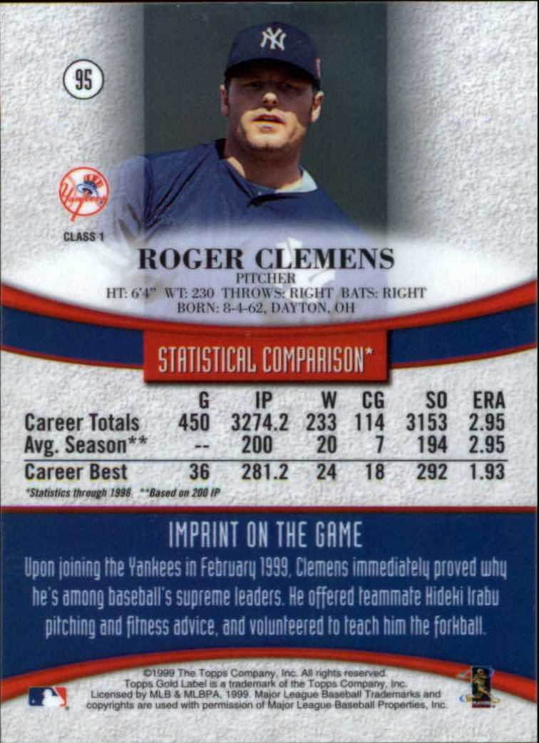 1999 Topps Gold Label Class 1 #95 Roger Clemens back image