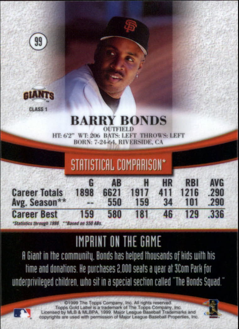 1999 Topps Gold Label Class 1 #99 Barry Bonds back image