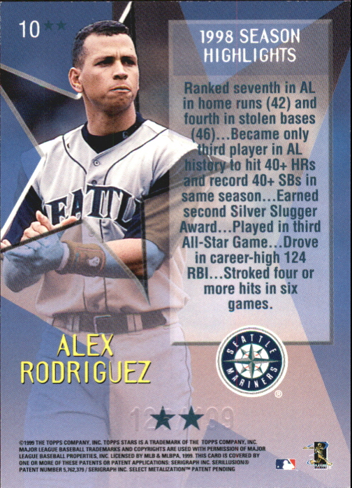 1999 Topps Stars Two Star Foil #10 Alex Rodriguez back image