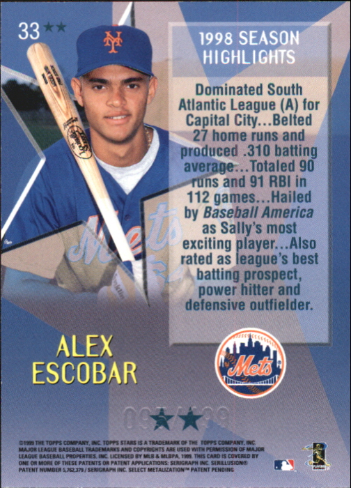1999 Topps Stars Two Star Foil #33 Alex Escobar back image