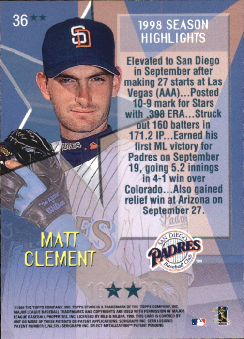 1999 Topps Stars Two Star Foil #36 Matt Clement back image