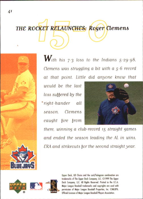1999 UD Choice #41 Roger Clemens CG back image