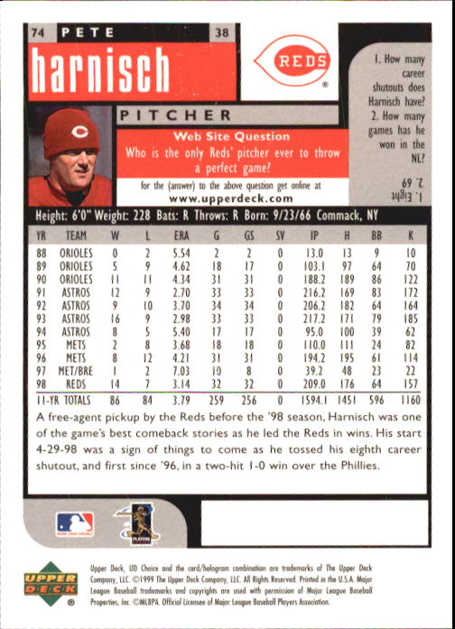 1999 UD Choice #74 Pete Harnisch back image