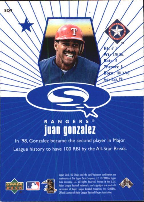 1999 UD Choice StarQuest #9 Juan Gonzalez back image