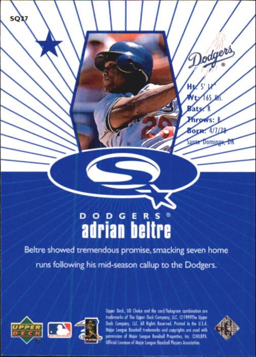 1999 UD Choice StarQuest #27 Adrian Beltre back image