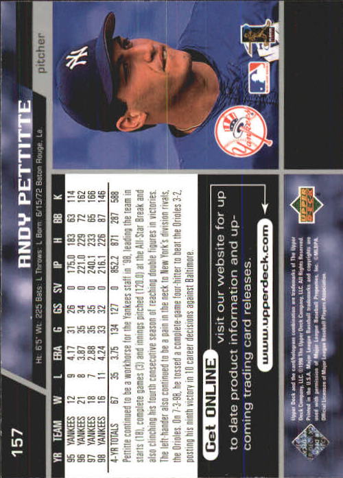 1999 Upper Deck #157 Andy Pettitte back image