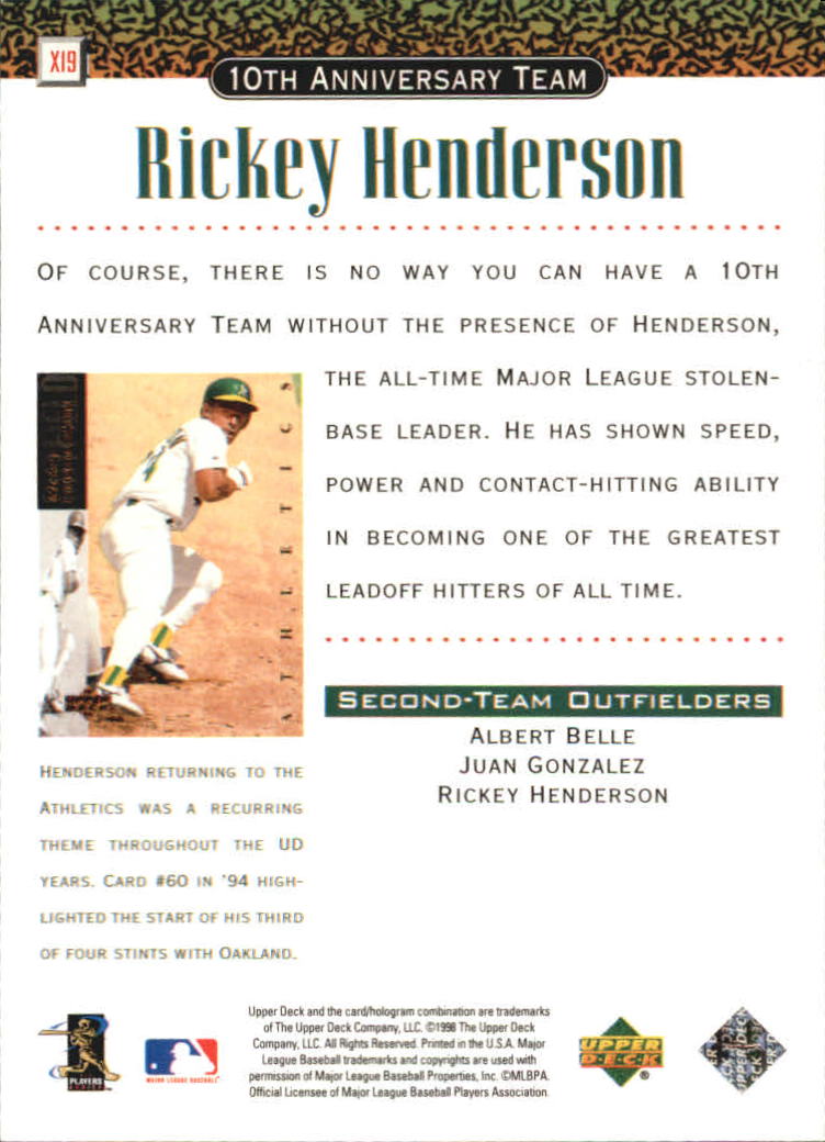 1999 Upper Deck 10th Anniversary Team #X19 Rickey Henderson back image