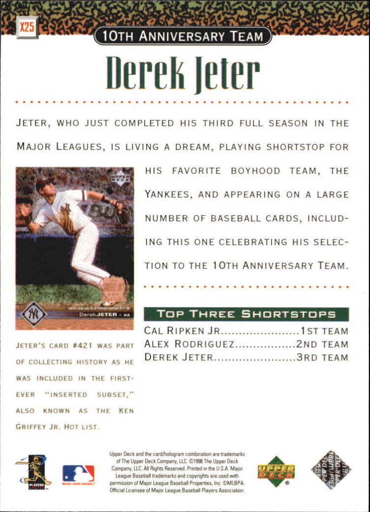 1999 Upper Deck 10th Anniversary Team #X25 Derek Jeter back image