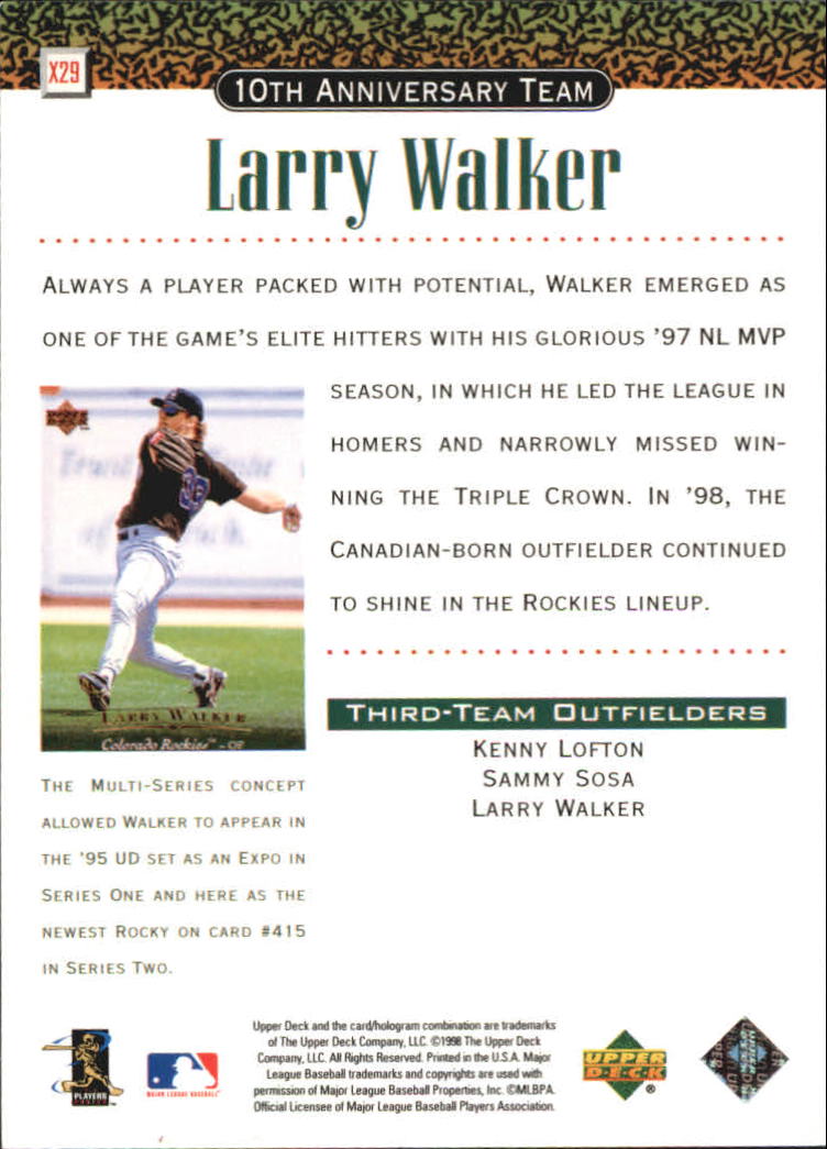 1999 Upper Deck 10th Anniversary Team #X29 Larry Walker back image