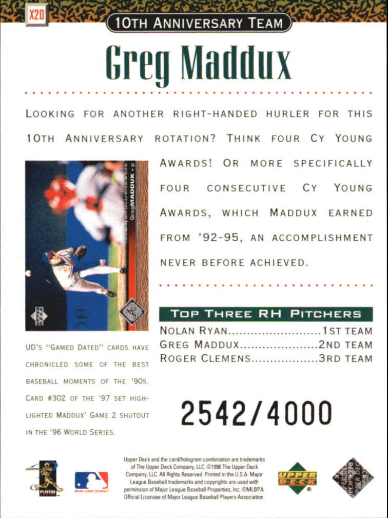 1999 Upper Deck 10th Anniversary Team Double #X20 Greg Maddux back image