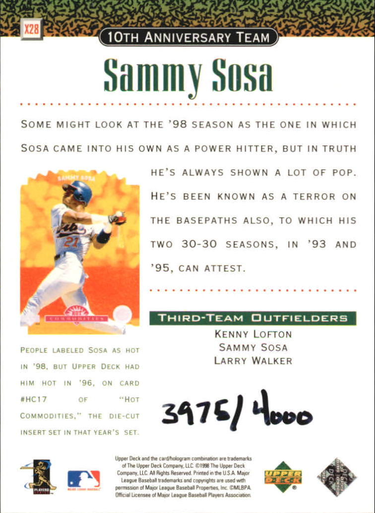 1999 Upper Deck 10th Anniversary Team Double #X28 Sammy Sosa back image