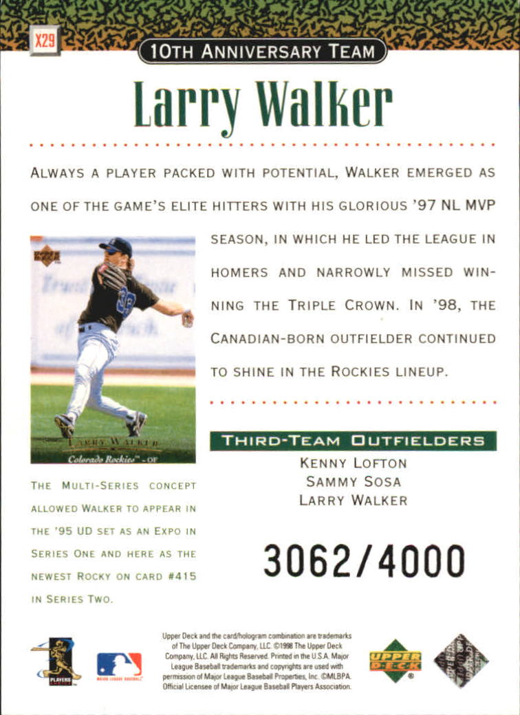 1999 Upper Deck 10th Anniversary Team Double #X29 Larry Walker back image