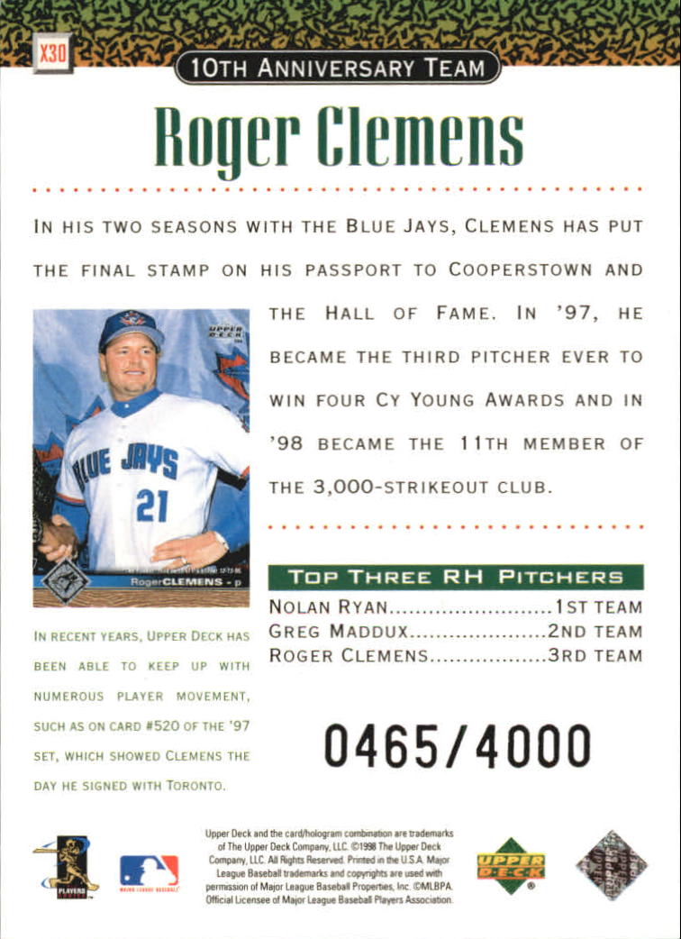 1999 Upper Deck 10th Anniversary Team Double #X30 Roger Clemens back image