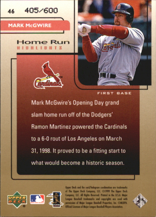 1999 Upper Deck Challengers for 70 Challengers Edition #46 Mark McGwire HRH back image