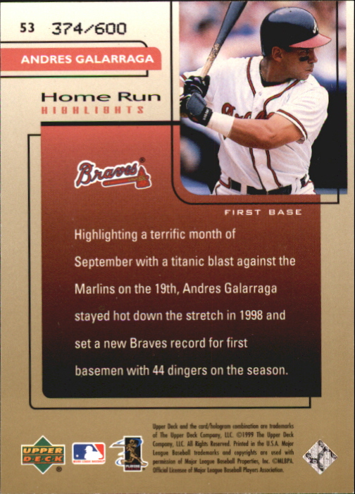 1999 Upper Deck Challengers for 70 Challengers Edition #53 Andres Galarraga HRH back image
