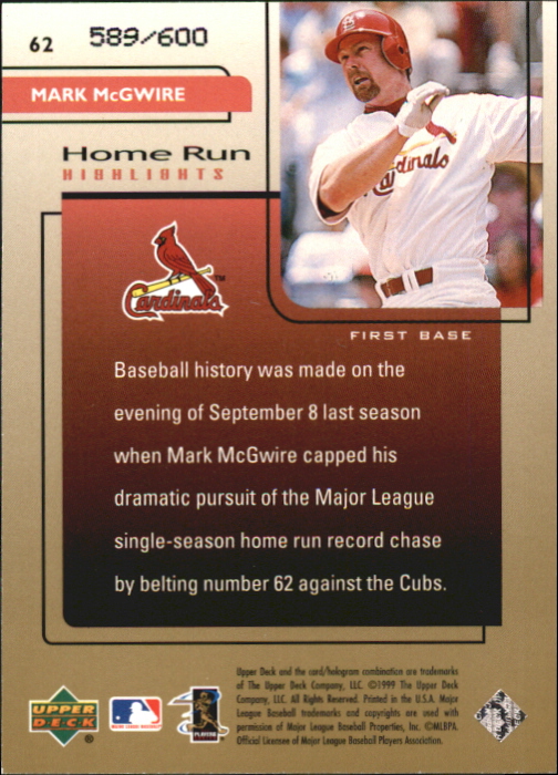 1999 Upper Deck Challengers for 70 Challengers Edition #62 Mark McGwire HRH back image