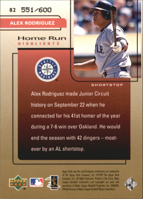 1999 Upper Deck Challengers for 70 Challengers Edition #82 Alex Rodriguez HRH back image