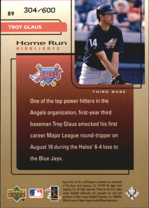 1999 Upper Deck Challengers for 70 Challengers Edition #89 Troy Glaus HRH back image