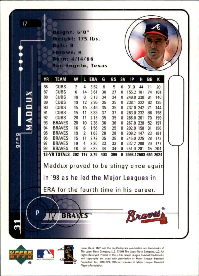 1999 Upper Deck MVP #17 Greg Maddux back image