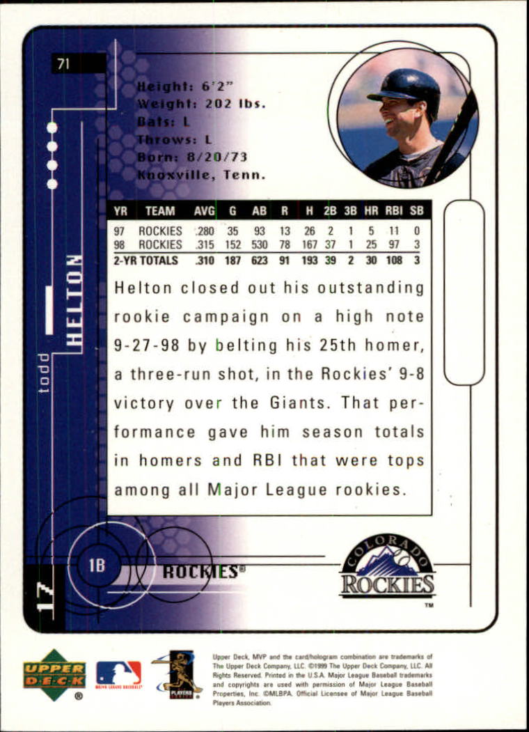 1999 Upper Deck MVP #71 Todd Helton back image