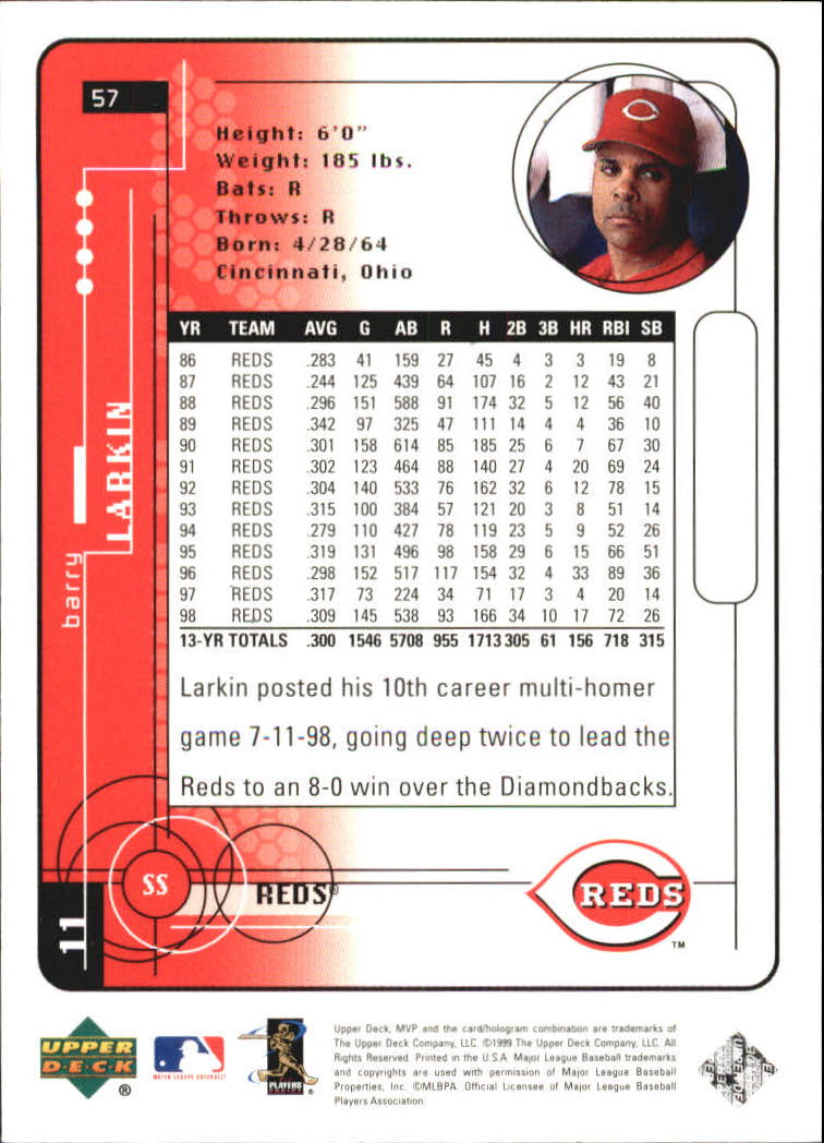1999 Upper Deck MVP Silver Script #57 Barry Larkin back image