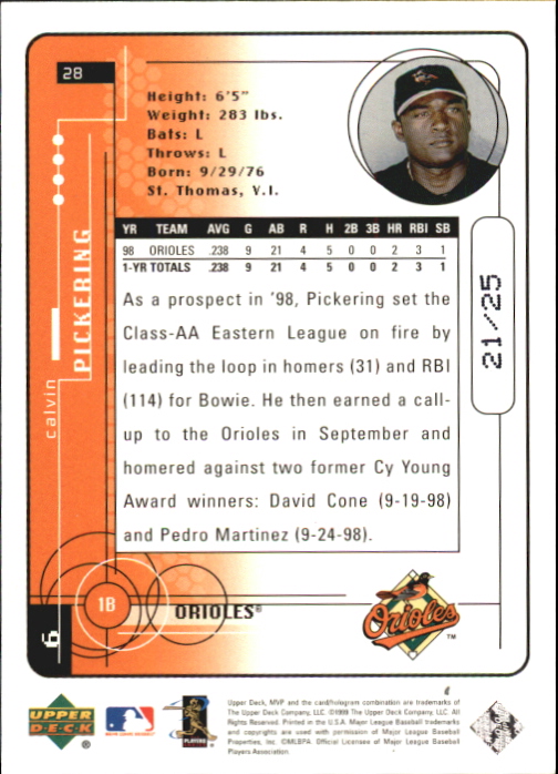 1999 Upper Deck MVP Super Script #28 Calvin Pickering back image