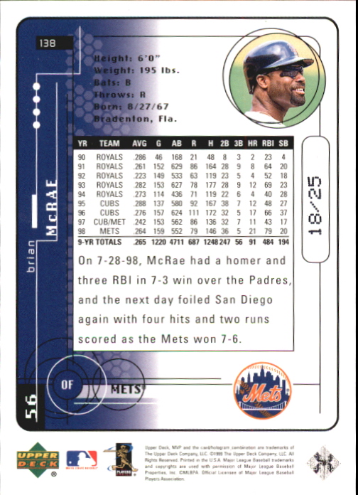 1999 Upper Deck MVP Super Script #138 Brian McRae back image