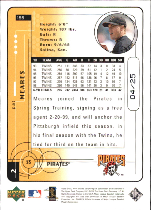 1999 Upper Deck MVP Super Script #166 Pat Meares back image