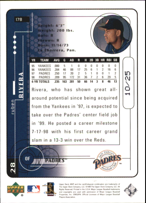 1999 Upper Deck MVP Super Script #178 Ruben Rivera back image