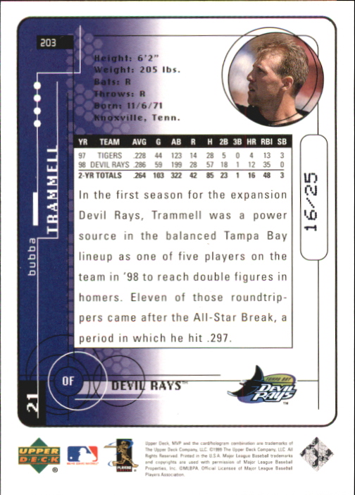 1999 Upper Deck MVP Super Script #203 Bubba Trammell back image