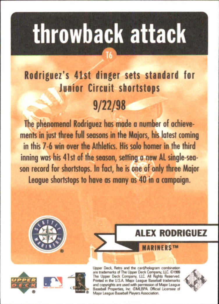1999 Upper Deck Retro Throwback Attack #T6 Alex Rodriguez back image