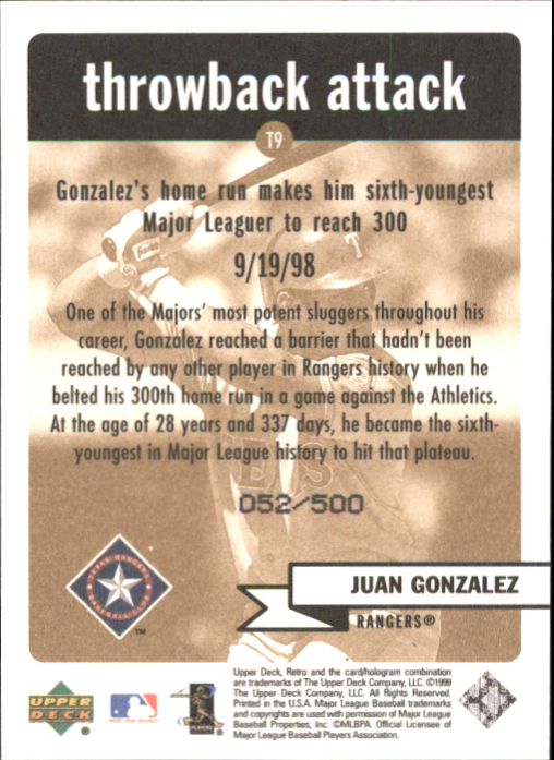 1999 Upper Deck Retro Throwback Attack Level 2 #T9 Juan Gonzalez back image
