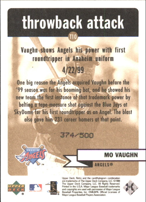 1999 Upper Deck Retro Throwback Attack Level 2 #T10 Mo Vaughn back image