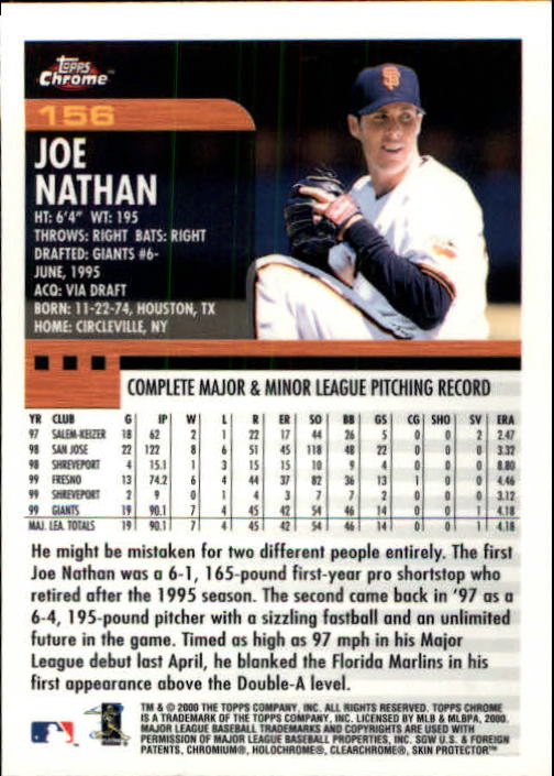 2000 Topps Chrome #156 Joe Nathan back image