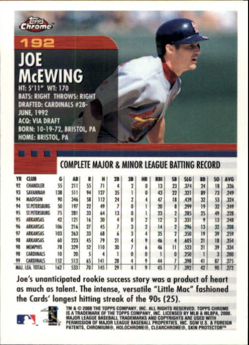 2000 Topps Chrome #192 Joe McEwing back image