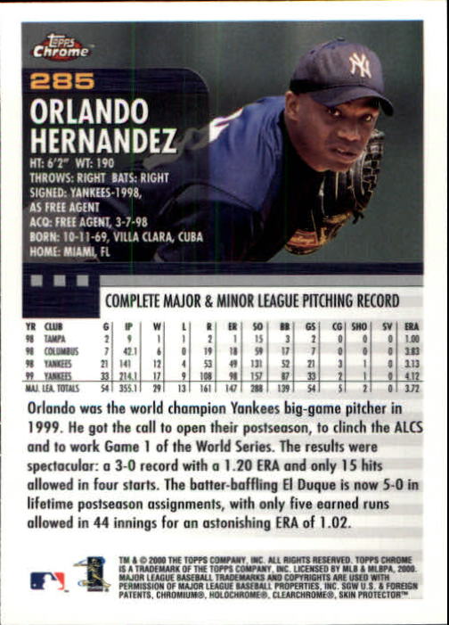 2000 Topps Chrome #285 Orlando Hernandez back image