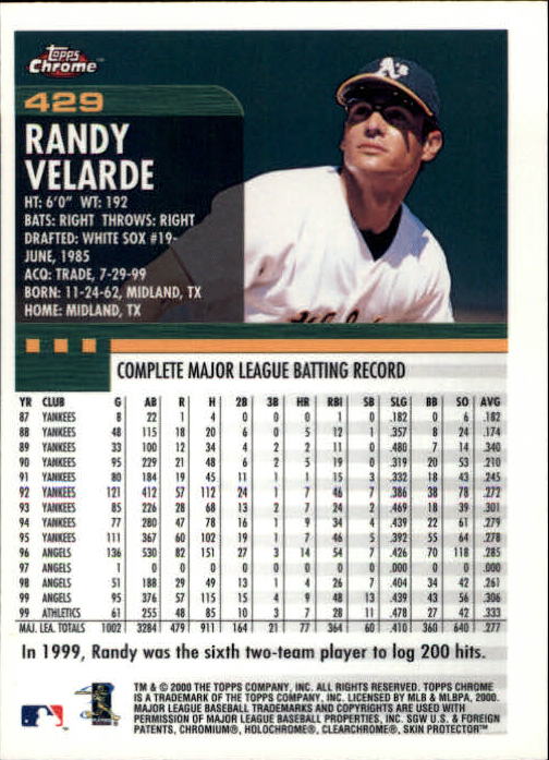 2000 Topps Chrome #429 Randy Velarde back image